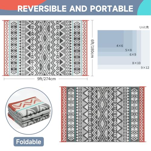 Outdoor Rugs Patio Camping Waterproof - 6x9 Plastic Straw Patio Rug Portable for Campers, Outside RVs Mat, Outdoor Area Carpet for Patios Clearance, Backyard Porch, Balcony, Picnic - color: Green Grey, size: 6' x 9' (Rectangular)