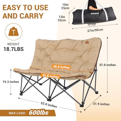 KingCamp Double Camping Chair, Oversized Padded Butterfly Chair Couch Portable Folding Loveseat 600lbs Heavy Duty Comfy Dorm Double Seat with High Back for Outdoor Indoor Patio Home Living Bed Room - color: Loveseat Khaki