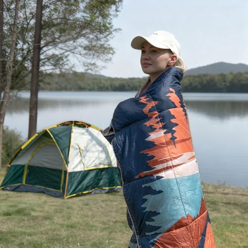 SUNNYFEEL Warm Camping Blanket, Packable Printed Blanket for Cold Weather, Waterproof Outdoor Blanket with Snap Buttons, Wearable Shawl for Camping, Hiking, Stadium, Picnic (55"x79") - color: Mountains