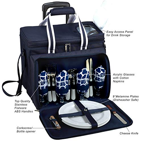 Picnic at Ascot Original Insulated Picnic Cooler with Service for 4 on Wheels-Designed & Assembled in the USA - color: Trellis Blue