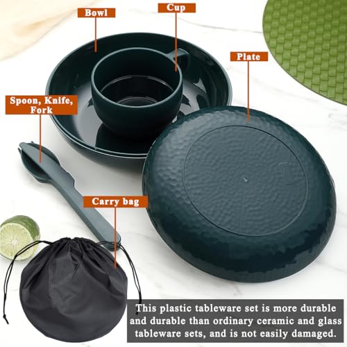 Berglander Camping Mess Kit with Bowl, Plate, Cup, Spoon, Fork, Knife and Carry Bag, Plastic Camping Accessories Essentials Gear for Travel, Camping, Picnic, Outdoor, Easy to Carry & Store - color: 3.Green