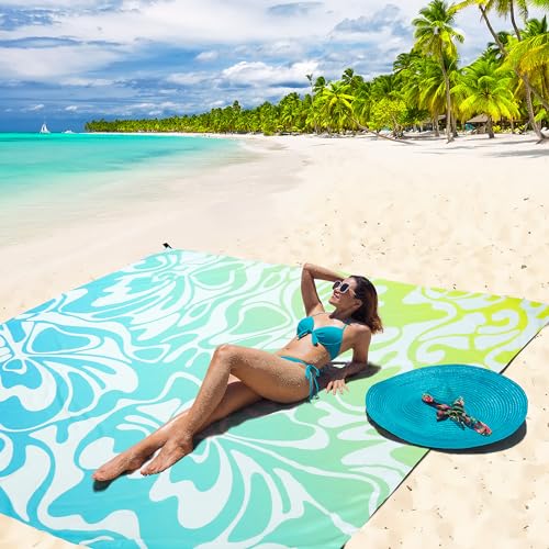 HIHOHO Beach Blanket Waterproof Sandproof Extra Large Beach Mat 79" X 83"/120"x108"for 1-8 Adults Quick Drying Durable Outdoor Picnic Mat for Beach Travel Camping Hiking - color: Big Flower-blue Green Gradient, size: 79" X 83"（1~3 person）