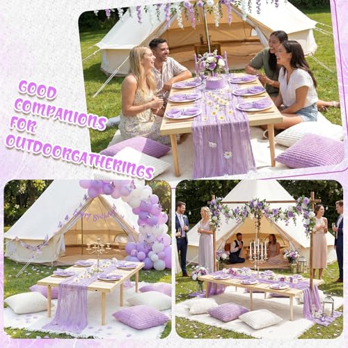 Beeveer 91 x 71 Extra Large Outdoor Boho Picnic Blanket with Purple Table Runner, 6 Throw Pillow Covers 6 Napkins Woven Cotton Yarn Oversize Beach Blanket Washable Picnic Camp Wedding - color: Purple