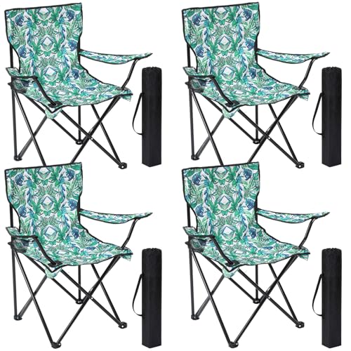 4 Pcs Folding Camping Chairs with Tropical Pattern Portable Outdoor Chairs with Armrests & Carry Bags, Travel Lightweight Installation-free Chair for Camping, Picnic & Beach (Tropical Green) - style: Tropical Green