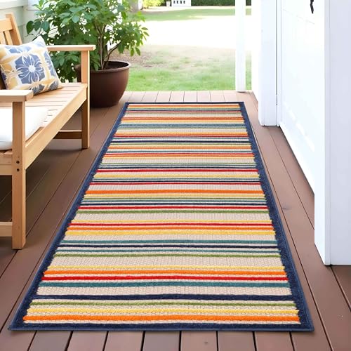 Superior Indoor/Outdoor Runner Rug Perfect for Patio, Bedroom, Kitchen, Laundry Room, Entryway, Office, Playroom, Carpet Cover, Modern Casual Stripe Geometric, Eastyn Collection, 2' 3" x 12', Cream - color: East - Cream, size: 2'3" x 12' (Rectangular)