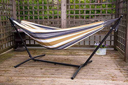Vivere Double Cotton Hammock with Space Saving Steel Stand, Upgraded Polyester End Strings 450 lb Capacity - Premium Carry Bag Included (Desert Moon) - color: Desert Moon