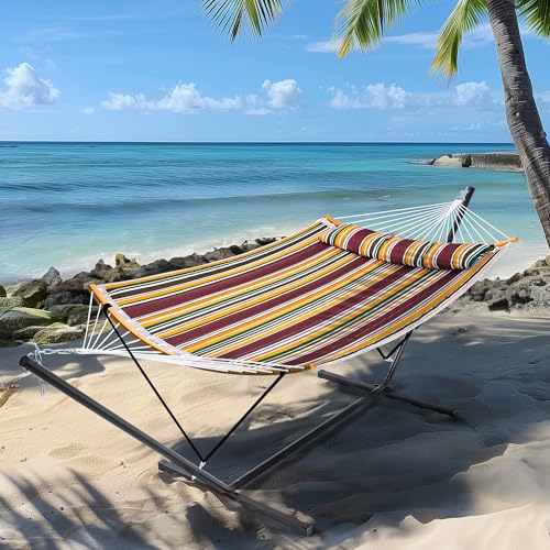 SUPERJARE Hammock with Stand, 2 Person Heavy Duty Hammock Frame, Detachable Pillow & Strong Curved-Bar & Portable Carrying Bag, Perfect for Outdoor & Indoor - Maple-Leaf Red - color: Maple-leaf Red
