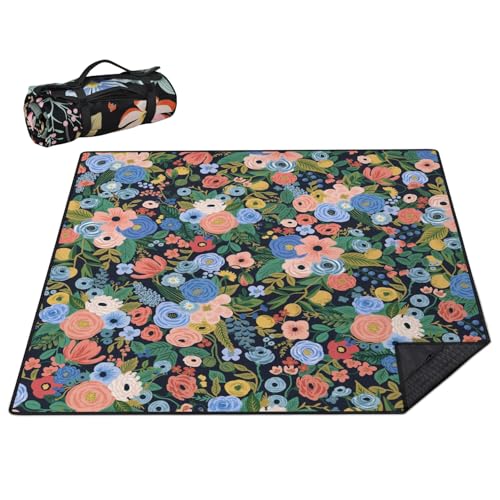 Picnic Blankets Waterproof Foldable Extra Large,80"x 80" Outdoor Beach Blanket Sandproof,3-Layer Lightweight Handy Mat Tote Picnic Camping Rugs for Outside Your Rv (Garden Party Floral Navy) - color: Picnic Blankets 1