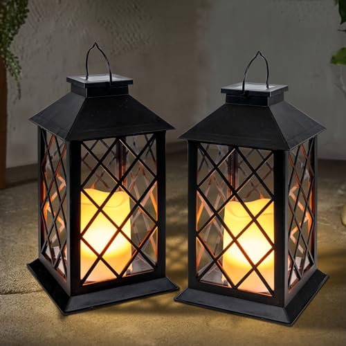 Homemory Solar Lanterns Outdoor Waterproof Hanging with Flickering Flameless Candles, 2 Pack 13'' Garden Outdoor Lantern Decorative for Patio Front Porch Backyard Balcony Cabin Outside Table(Black) - style: Black