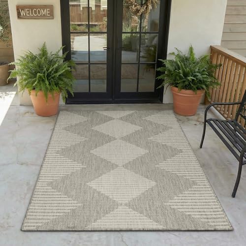 MontVoo-Polypropylene 3x5 ft Indoor Outdoor Entryway Rug Porch Rug Door Mats Rugs Small Accent, Textured Weave, Durable for High Traffic, Fade-Resistant, Non-Shedding, Boho Geometric Silver Grey - color: Grey Ivory, size: 3' x 5' (Rectangular)