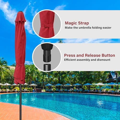 HealSmart 9ft Patio Umbrella with Push Button Tilt/Crank, Outdoor Table Market Yard Umbrella with 8 Sturdy Ribs for Garden, Backyard, Deck, Pool, Red - color: Red, size: 9FT
