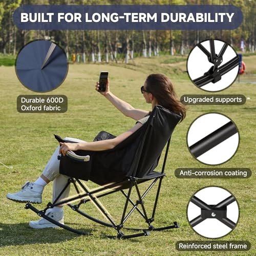 Youtanic Oversized Folding Rocking Camping Chair, Padded Portable Rocking Chair with Pockets, Cup Holder and Carry Bag, Heavy Duty Outdoor Rocker Patio Chair for Garden, Lawn, Up to 400lbs, Navy Blue - color: Navy Blue-black