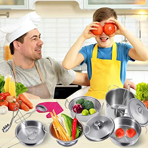 Cookware Pots and Pans Play Set with Cooking Mini Stainless-Steel Kitchen Cooking Utensils Toys,Pretend Toys for Kids, Educational＆Development Toy Kitchen Playset Accessories for Kids