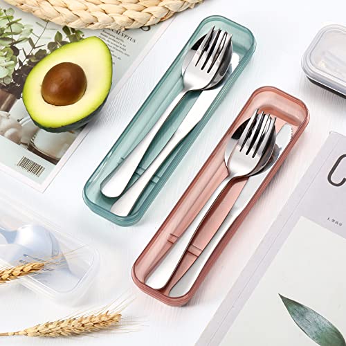 Yinkin 4 Pack Portable Travel Utensils Set with Case Reusable Stainless Steel Silverware Flatware Camping Cutlery Include Fork Spoon Knife for Work School Dishwasher Safe(White, Green, Red, Black) - color: White, Green, Red, Black