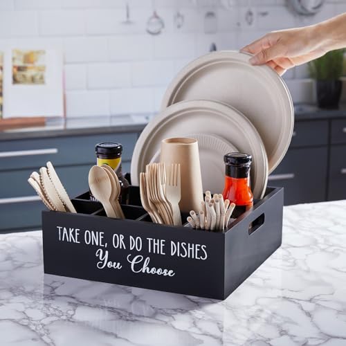 ALELION Paper Plate Dispenser for Countertop - Wooden Utensil Holder Organizer for Party - Silverware Caddy for Plate, Cup, Fork, Spoon - Cutlery Holder with Handles for Kitchen Camping Buffet - style: Black