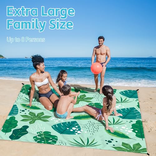Beach Blanket Waterproof Sandproof Oversized Extra 79 * 88inch Sand Free Beach Mat with Stakes, Storage Bag - Essentials for Outdoor Beach, Picnic,Quick Drying Durable - color: Palm Leaf, size: 6.6x7.2 FT (1～4 Person)