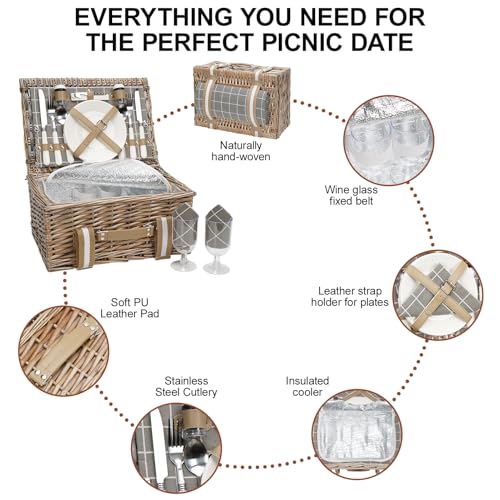 Wicker Picnic Basket for 2 - Willow Basket with Waterproof Picnic Blanket | Willow Picnic Set with Insulated Cooler | Wicker Hamper with Cutlery Kit | Gift Basket for Christmas, Thanks Giving, Grey - color: Grey Check