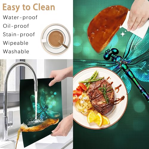 Placemats Set of 6,Green Dragonfly Table Mats,Glass Dragonfly Washable Linen Table Mats,Non-Slip Heat Resistant Placemats for Party Kitchen Dining Indoor Outdoor 12"x18" - color: Green Dragonfly,glass Dragonfly