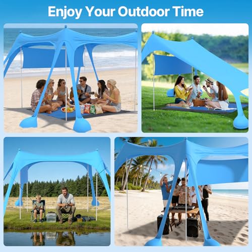 Suteck Beach Tent Sun Shelter with Sidewall, Easy Set Up 10x10ft Beach Canopy, Outdoor Sun Shade with UPF 50+UV Protection, 8 Sandbags, 4 Stability Poles for Camping, Fishing or Picnics(Sky Blue) - color: Sky Blue