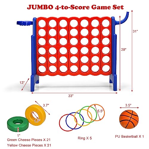 Costzon Giant 4-in-A-Row, Jumbo 4-to-Score Giant Game w/Basketball Hoop, Ring Toss, Quick-Release Slider, 42 Jumbo Rings, Indoor Outdoor Family Connect Game for Kids & Adults, Backyard Games, Blue - color: Red/Blue