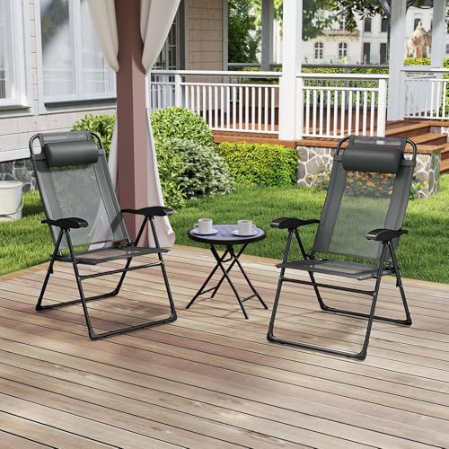 Giantex Set of 2 Patio Folding Chairs, Portable Outdoor Dining Chairs with 7-Level Adjustable Backrest, Headrest, Metal Frame, Outside Recliner for Front Porch Camping Picnic Lawn Garden, Dark Gray - color: Dark Gray