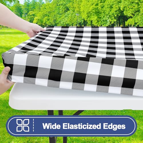 Smiry Picnic Table Cloth 2 Pack, Waterproof Elastic Fitted Tablecloths for 6FT Rectangle Tables, Washable Polyester Buffalo Plaid Tablecloth for Camping, Dining & Outdoor (Black & White, 30" x 72") - color: Black and White, size: 30" x 72"