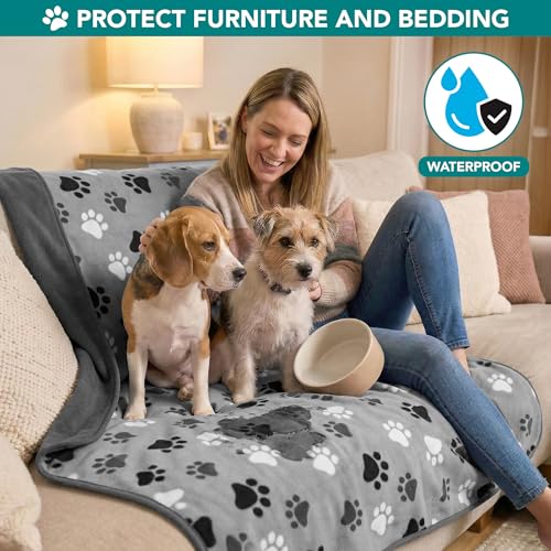 PetAmi Waterproof Dog Blanket for Medium Large Pets Dogs Cats, Pet Couch Cover Protector for Furniture, Reversible Washable Soft Fleece Cat Blanket for Bed Couch Sofa, 40x60 (Taupe/Beige) - color: Paw Print Gray, size: Medium (29x40)