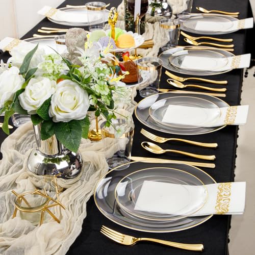 Supernal 350PCS Clear and Gold Plastic Dinnerware Set Include Clear Disposable Plates, Gold Plastic Silverware Heavy Duty, Cups and Napkins for Birthday, Weddings, Parties - color: 350pcs Clear Plastic Plates with Gold Rim