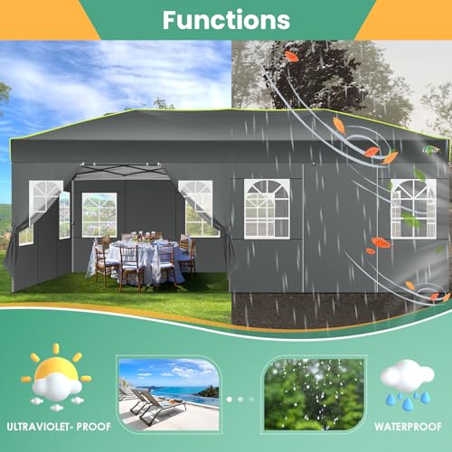 COBIZI 10x20 Pop Up Canopy Tent, Outdoor Party Tent with 6 Sidewall One Push Setup Glow, 3 Adjustable Height Air Vent Waterproof UPF50+, Bag, 4 Sandbag, 6 Stake, 12 Rope for Beach, Commercial - color: Gray, size: 10x20