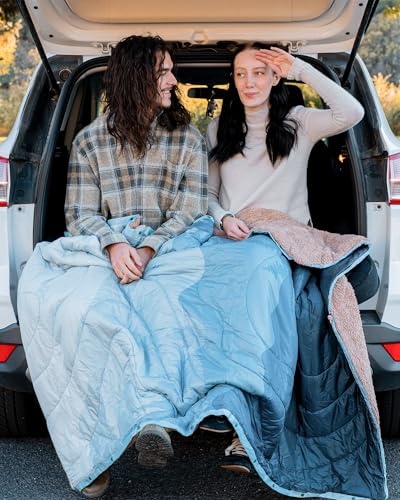 KingCamp Large Camping Blanket with Sherpa Lining, Packable Down Alternative Puffy Printed Wearable Blanket with Snap Buttons, Warm Weatherproof Quilt for Outdoor Travel (79" L x 57" W, Cyan) - color: Sherpa-cyan, size: 79" x 57"- Sherpa Fleece