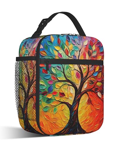 Insulated Small Lunch Box,Tree of Life Reusable Lunch Bag for Kids Adult Women,Colorful Leaves Large Capacity Portable Thermal Bag with Mutiple Pockets for School,Work,Picnic - color: Tree of Life