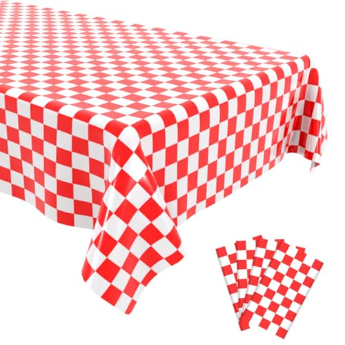 4 Pack Checkered Tablecloth Disposable Plastic Red and White Checkered Tablecloth Waterproof Rectangular Picnic Table Cover, Black Party Decoration, 54 x 108 inches - color: Red Checkered, size: 54" x 108" Rectangular (4 Pack)