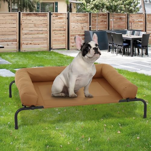 MoNiBloom Outdoor Elevated Dog Bed w/Removable Bolster, Portable Raised Outdoor Dog Bed with Stable Anti-Slip Feet & Breathable Mesh, 42 Inches Length, Light Brown - color: Light Brown, size: 42"L