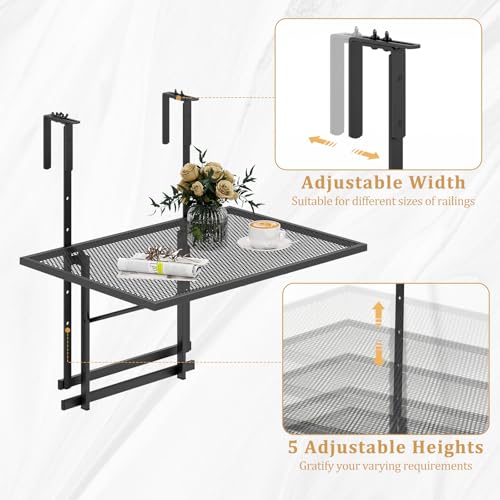 HAPPYGRILL Balcony Railing Table, Outdoor Folding Hanging Table with 5 Adjustable Heights, Heavy Duty Metal Hanging Bar Table for Patio, Garden and Deck