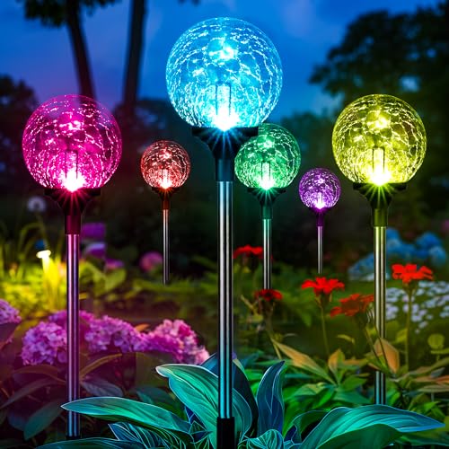 GIGALUMI Solar Garden Lights 6 Pack, Solar Lights Outdoor Decorative Waterproof, Outdoor Solar Lights for Yard Decorations, Multi-Colored Changing Garden Globe Cracked Glass Ball with LED Lights - size: 6pack
