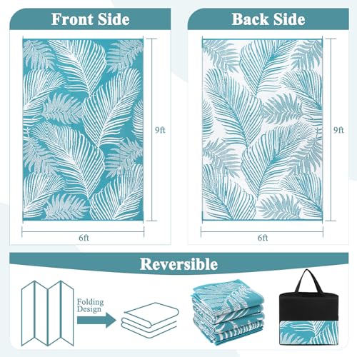 Pauwer Waterproof Outdoor Rug 6x9, Reversible Plastic Straw Patio Camping Rug, Indoor Outdoor RV Mat Carpet for Deck, Camper, Porch, Balcony, Backyard, Picnic, Leaf Teal - color: Leaf Teal, size: 6' x 9' (Rectangular)