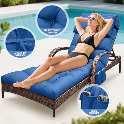 Outdoor Chaise Lounge Cushion, Waterproof Lounge Chair Cushion for Outdoor Furniture, 71 x 21 x 4 Inches Patio Cushion with Straps for Lawn Pool Furniture (Royal Blue, Lounge Chair Cushion) - color: Royal Blue