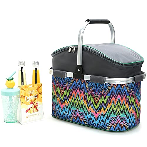 Insulated Picnic Basket 26L Portable Collapsible Market Leakproof Tote with Aluminum Handle for Camping, Shopping, Travel, Large Size (Wave) - color: Wave