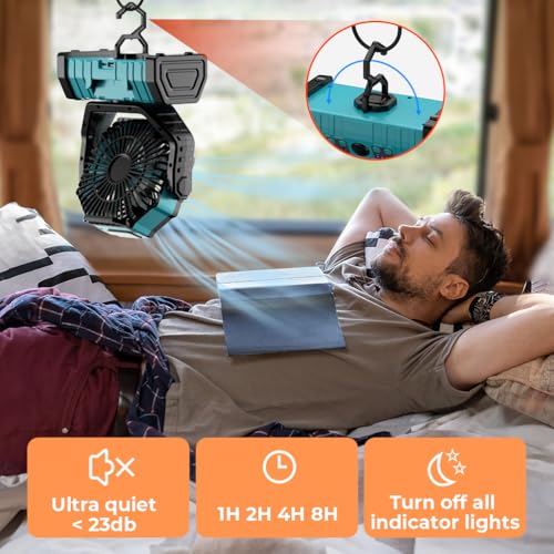 Camping Fan - 20000mAh Battery Powered Fan Rechargeable with LED Lantern - Portable Outdoor Tent Fans with Hanging Hook 4 Speeds Wind Remote Control, Blue - color: Blue