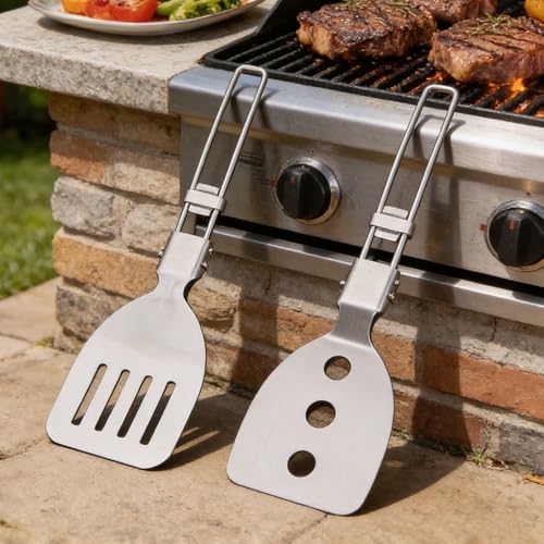 Outdoor Camping Stainless Steel Folding Spatula Sets, Lightweight Thickened Turner Tableware Spoon Cooking Utensils - color: style1