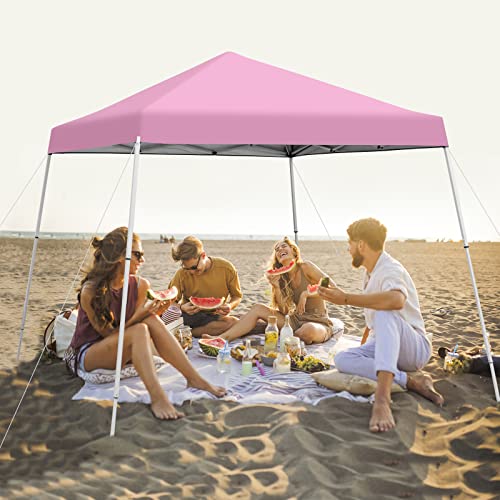 Tangkula 10x10 Ft Pop Up Canopy, Slanted Leg Outdoor Canopy Tent with Center Lock, UPF50+ Sun Protection, 4 Stakes, 8 Ropes, Carrying Bag, 1 Person Setup Instant Tent Shelter for Camp, Beach, Patio - color: Pink