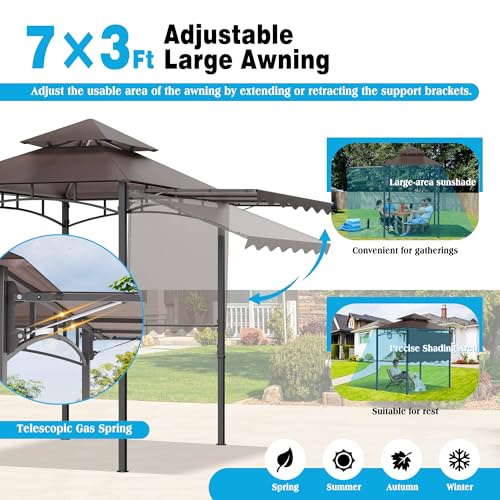 TITIMO 8'x 8' x 7.8' Double Tiered Grill Gazebo with Side Awning,Outdoor Patio BBQ Pergola, Heavy-Duty Metal Frame Canopy Tent with Side Shelves,Hooks,Bottle Opener for Lawn Deck and Garden (Brown) - color: Brown