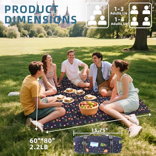 60x80” Double Thickened Picnic Blankets(150g High Density Cotton Stuffed) Navy Blue Floral Pattern Outdoor Picnic Mat Portable Picnic Blanket Foldable with Leather Carry Strap Beach Blanket - color: Blue Floral, size: 60"x80"