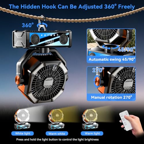 Portable fan rechargeable with 5.3 Bluetooth Speaker, 25000mAh Camping Fan with 5 Speed Touch Control & 3-Mode LED Light, Remote, USB/Type-C Ports, 1-8H Timer for Party, Travel, BBQ, Indoor, Outages - color: Orange