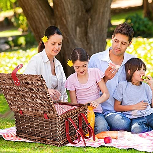 Wicker Picnic Basket Set, Large Handmade Willow Basket for 4 People with Waterproof Picnic Blanket, Insulated Thermal Compartment with Cutlery Suitable for Picnic and Camping