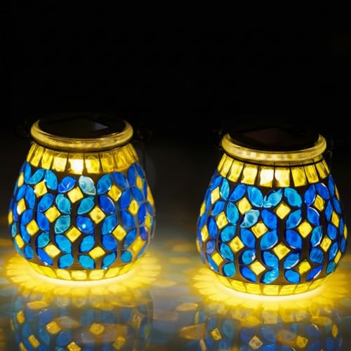 Starsoul 2 Pack Solar Lanterns Outdoor Waterproof, Gorgeous Mosaic Solar Lantern Outdoor Garden Decor, Solar Hanging Lights for Outside Patio Yard - color: Blue-2PC
