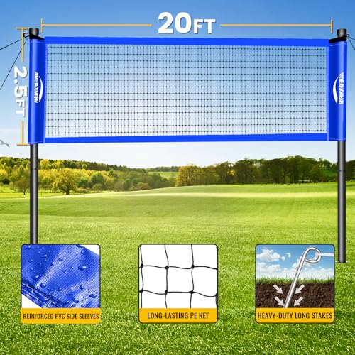 Backyard Badminton Set: Portable Outdoor Net with 4 Performance Rackets, 3 Shuttlecocks & Boundary Line - Complete Heavy-Duty Set for Family Lawn, Grass & Beach Games - color: Blue