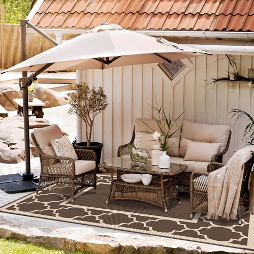 GENIMO 5' x 8' Outdoor Rug Waterproof for Patio Decor, Foldable Reversible Plastic Straw Area Rugs Mat for Camper, Outside Carpet for Rv, Deck, Porch, Picnic, Beach, Balcony, Coffee & Beige - color: Coffee&beige, size: 5' x 8' (Rectangular)