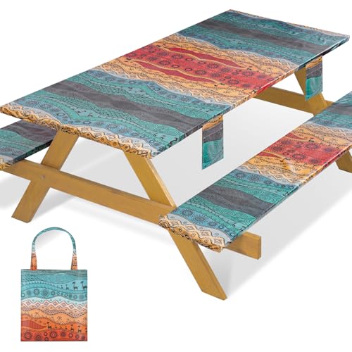 Fitted Waterproof Picnic Table Cover with Bench Covers Heavy Duty Elastic Outdoor Camping Tablecloth for 8 Foot Rectangle Tables Summer Rv Accessories Patio Garden Road Trip Essentials Gifts - color: Multi-colored Ethnic Wave Pattern, size: 96" x 30" (Rec
