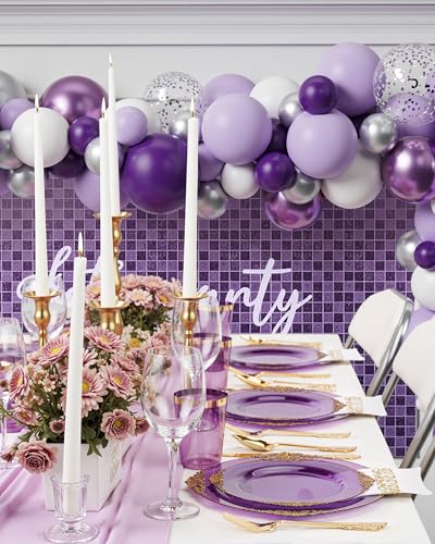 Nervure 350PCS Purple Plastic Plates - Purple Plastic Dinnerware Sets for 50 Guests - 100 Disposable Plates, 150 Gold Silverware, 50 Cups, 50 Napkins for Wedding & Party - color: Purple
